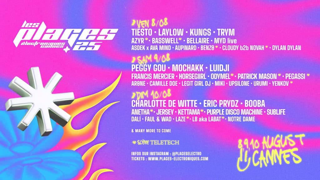 Découvrez la programmation complète des Plages Électroniques 2025 à Cannes : Tiësto, Peggy Gou, Charlotte de Witte, Eric Prydz et bien d’autres vous attendent du 8 au 10 août !