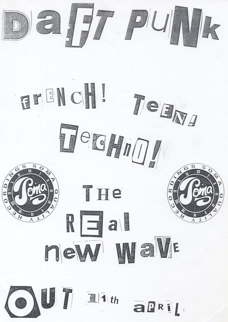 Feuillet promotionnel de 1994 pour Daft Punk sur le label Soma Records avec les inscriptions découpées « French! Teen! Techno! » et l'annonce de la sortie de « The New Wave » le 11 avril.