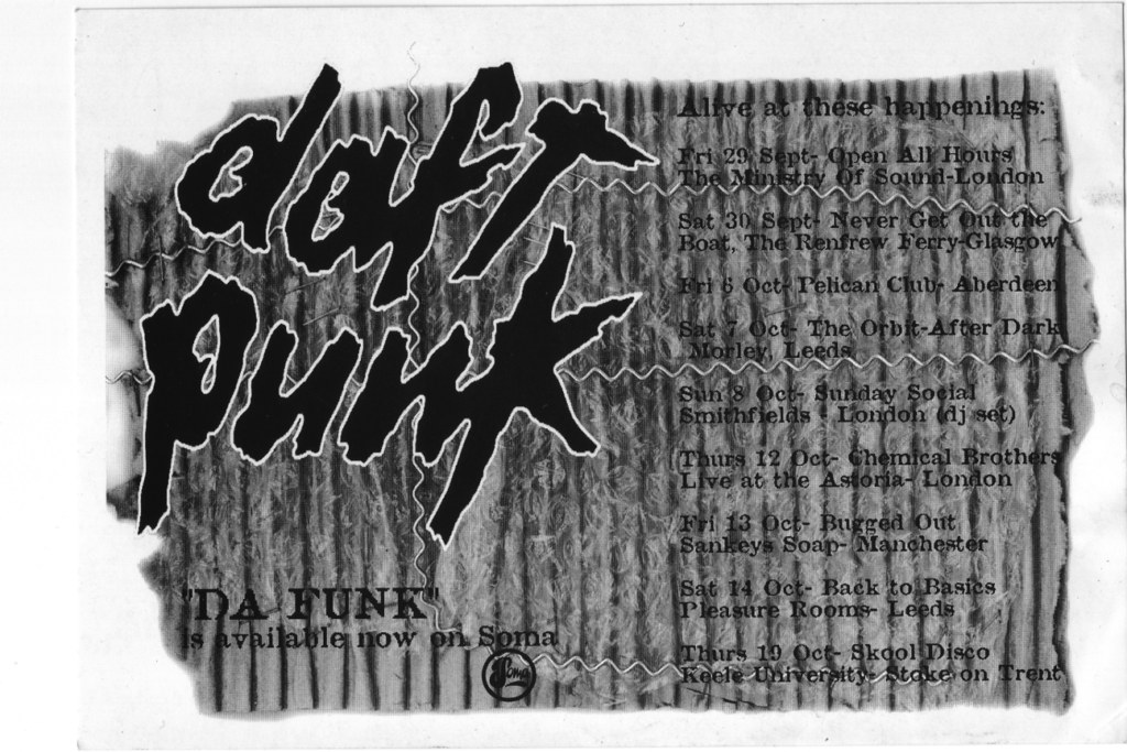 Flyer noir et blanc pour la première tournée britannique de Daft Punk en 1995, mentionnant le single "Da Funk" disponible sur le label Soma.