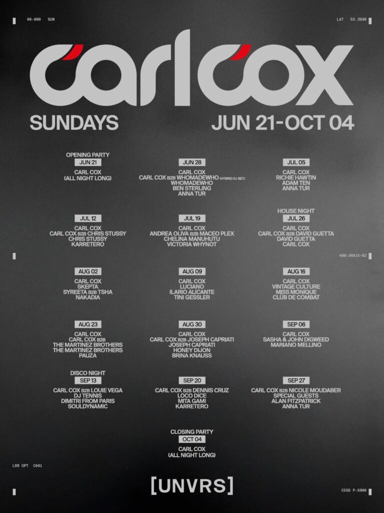 Carl Cox dévoile le programme complet de sa résidence estivale 2026 à [UNVRS] Ibiza