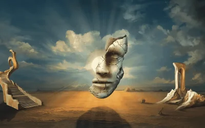 Visage fissuré dans un paysage désertique.