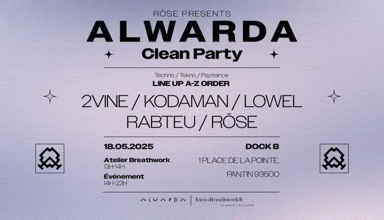 Faire la fête sans alcool ni substances, en journée, dans un espace sécurisé et bienveillant, tout en envoyant du gros son ? C’est le pari audacieux de Rōse et de son label Alwarda Records, qui organisent une « Clean Party » le 18 mai au Dock B à Pantin. Une rave en plein jour (de 13h à 22h), pensée comme une alternative aux soirées traditionnelles, où la musique, l’énergie collective et le bien-être sont au cœur de l’expérience.